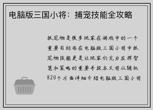电脑版三国小将:捕宠技能全攻略 电脑版三国小将:捕宠技能全攻略